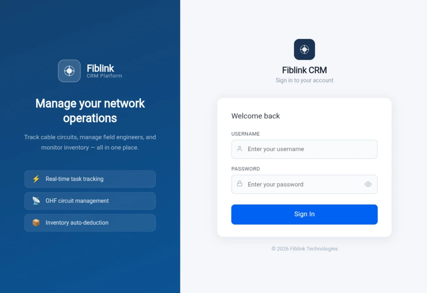 Fiblink CRM sign-in screen